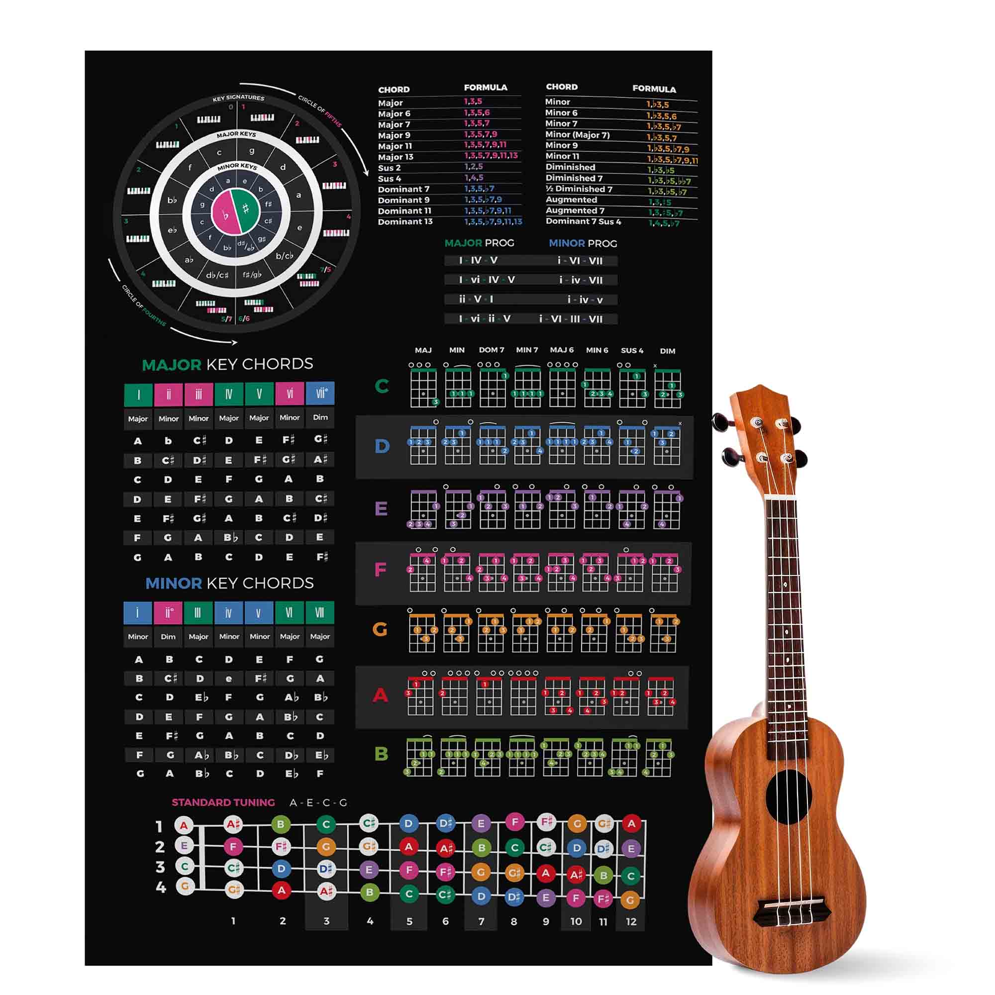 Ukulele Theory Cheat Sheet Poster | Ukulele Chord Chart for Beginners