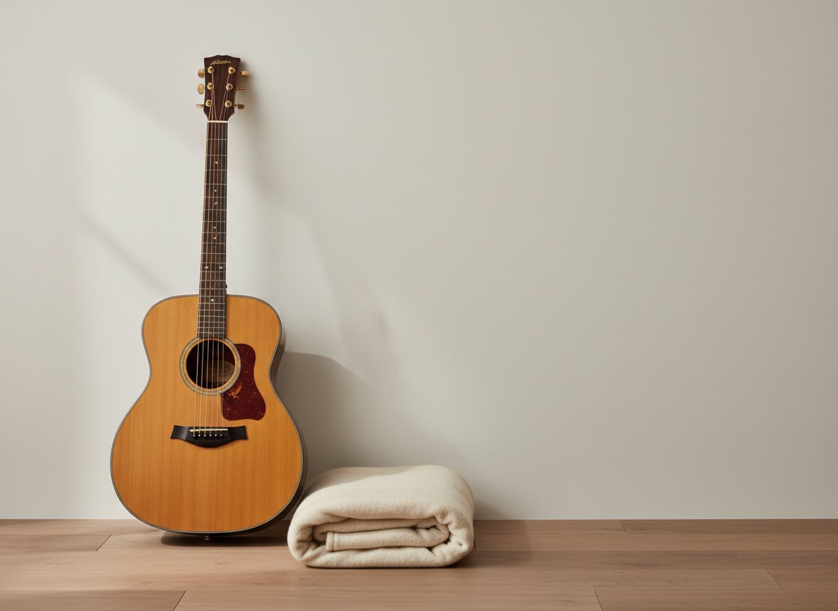 A warm-toned acoustic guitar resting on a light walnut floor, soft natural light