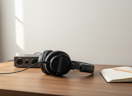 Over-ear studio headphones on a walnut desk with an audio interface and notebook in soft natural light. Featured image for: Best Studio Headphones for Mixing 2026.