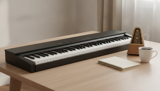 Digital piano keyboard, notebook, metronome and coffee on a wooden table. Featured image for: How Long Does It Take to Learn Piano? A Realistic Timeline.